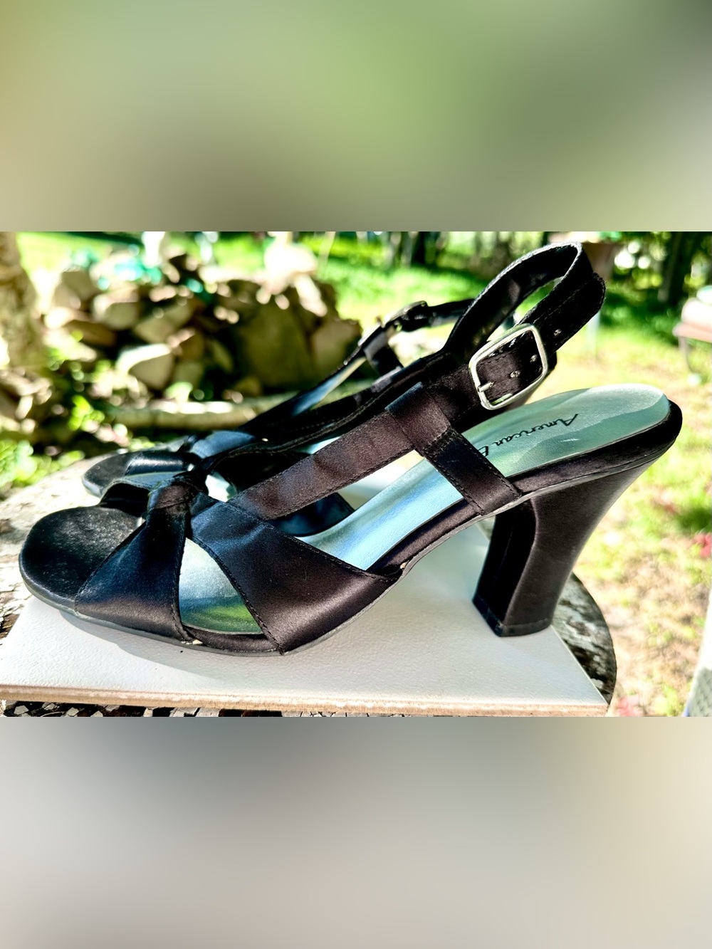 American Eagle Black Satin Slingback Block Heels